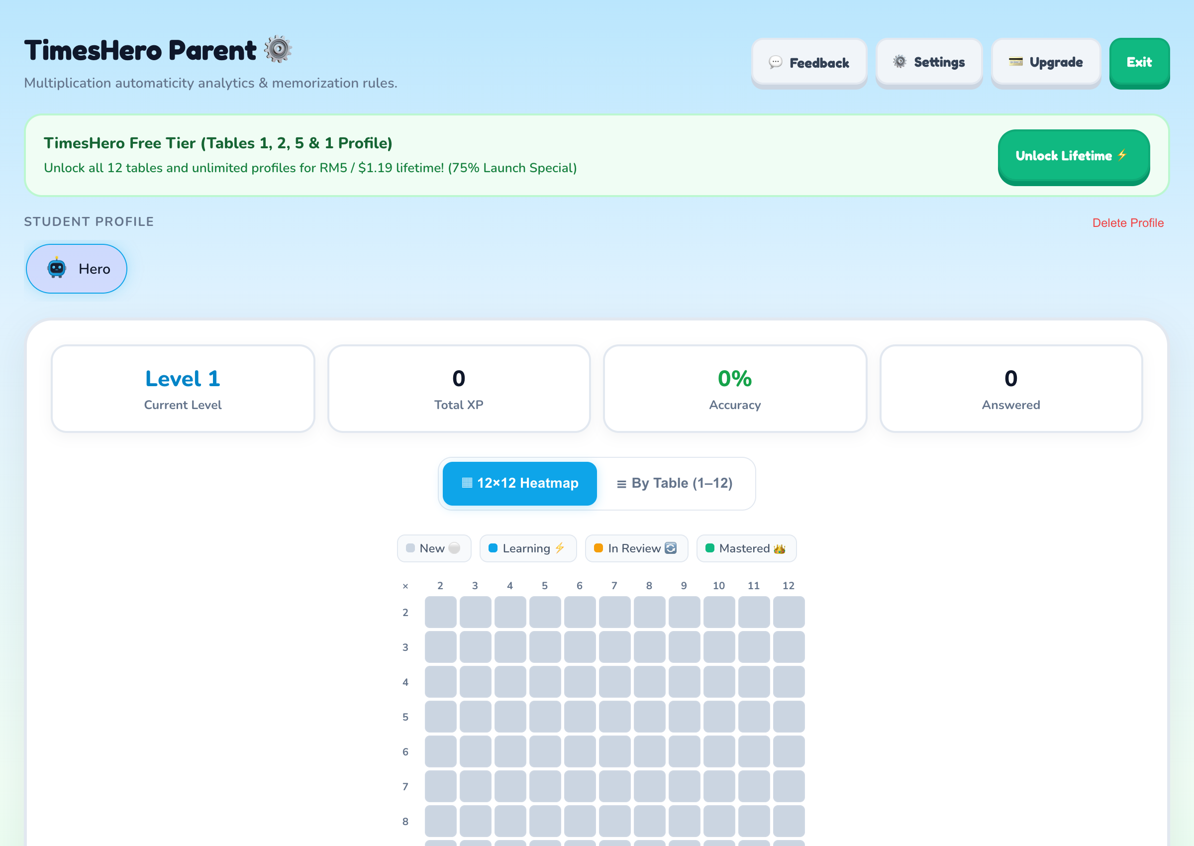 Real TimesHero Parent Workshop Heatmap showing mastery speeds for all 144 facts
