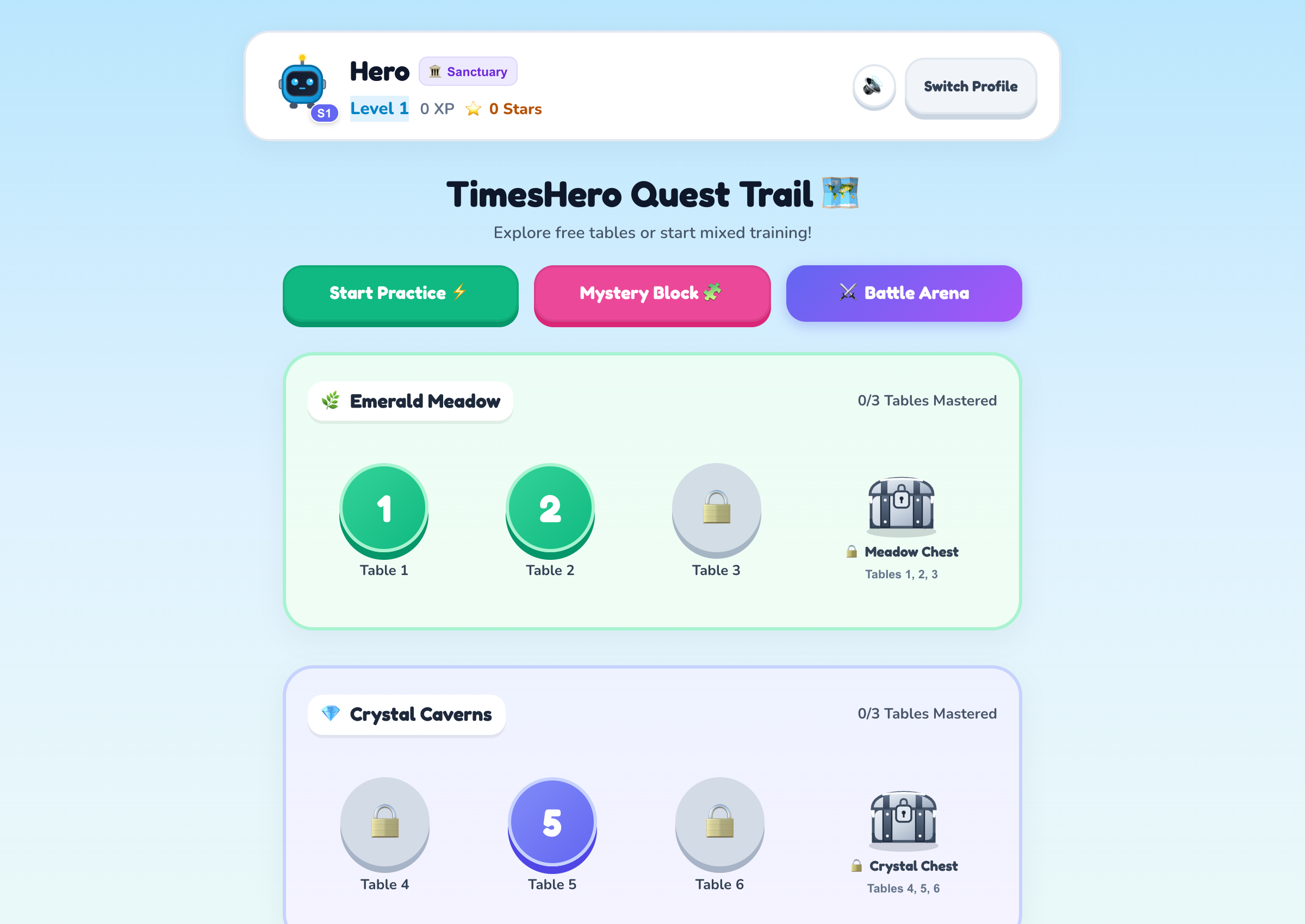 Real TimesHero Quest Trail Overworld showing 4 biomes and stepping stones